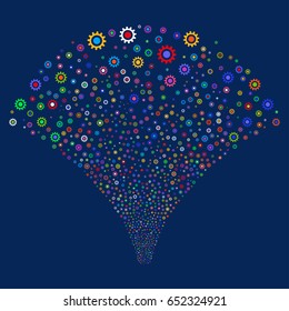 Cogwheel salute stream. Vector illustration style is flat bright multicolored iconic symbols on a blue background. Object source fountain made from random pictograms.