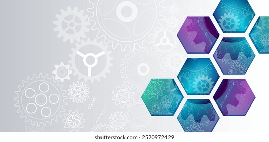 Cogwheel for science experiment presentation. Futuristic high tech concept. Business and industry internet banner. The mechanism consisting of gears on a gray background for the presentation.