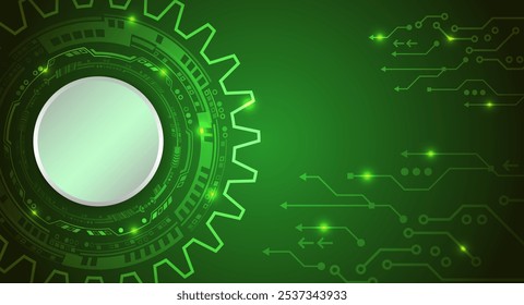 Cogwheel for science experiment presentation. Futuristic high tech concept. Business and industry internet banner. The mechanism consisting of gears on a green background for the presentation.