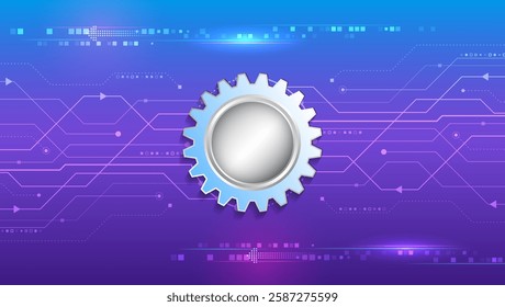 Cogwheel for science experiment presentation. Mechanical engineering concept. Business and industry internet banner. The mechanism consisting of gears on a purple background for the presentation.
