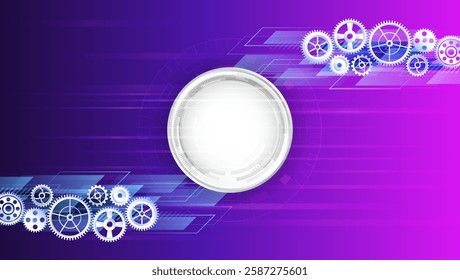 Cogwheel for science experiment presentation. Mechanical engineering concept. Business and industry internet banner. The mechanism consisting of gears on a purple background for the presentation.