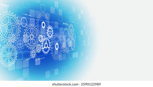 Cogwheel for science experiment presentation. Mechanical engineering concept. Business and industry internet banner. The mechanism consisting of gears on a blue background for the presentation. 