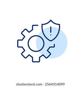 Cogwheel, security shield and exclamation mark. Critical system error alert. Safety breach, configuration problem. Pixel perfect, editable stroke icon