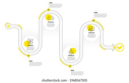 Cogwheel, Seo adblock and Share line icons set. Timeline plan infograph. Mini pc sign. Engineering, Search engine, Referral person. Computer. Technology set. Infographics process timeline. Vector
