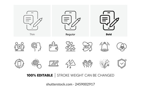 Cogwheel settings, Lightning bolt and Wallet line icons. Pack of Smartphone target, Writer, Bell alert icon. Fireworks, Shield, Phone chat pictogram. Discrimination, Sales diagram. Line icons. Vector