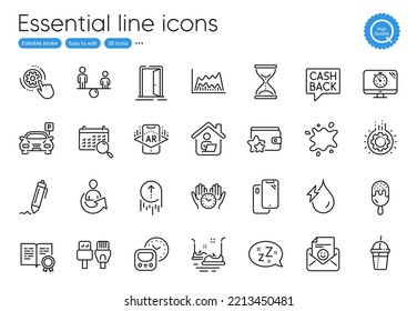 Cogwheel settings, Smartphone and Bumper cars line icons. Collection of Safe time, Metro, Equity icons. Sleep, Hydroelectricity, Parking web elements. Money transfer, Coffee cocktail. Vector
