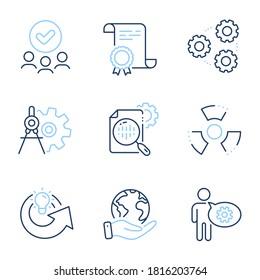Cogwheel, Share idea and Seo stats line icons set. Diploma certificate, save planet, group of people. Chemical hazard, Cogwheel dividers and Gears signs. Engineering tool, Solution, Toxic. Vector