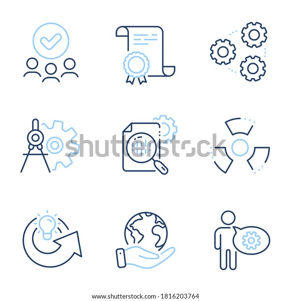 Cogwheel, Share idea and Seo stats line icons set.\
Diploma certificate, save planet, group of people. Chemical hazard,\
Cogwheel dividers and Gears signs. Engineering tool, Solution,\
Toxic. Vector