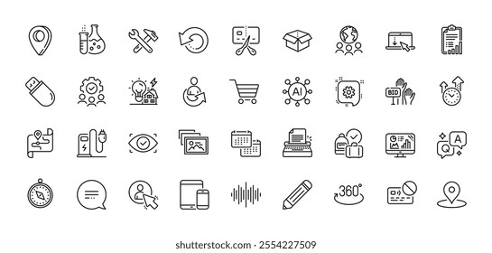 Cogwheel, Share and Spanner tool line icons pack. AI, Question and Answer, Map pin icons. Usb stick, Open box, Analytics graph web icon. Scroll down, Sound wave, Teamwork pictogram. Vector