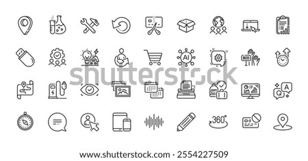 Cogwheel, Share and Spanner tool line icons pack. AI, Question and Answer, Map pin icons. Usb stick, Open box, Analytics graph web icon. Scroll down, Sound wave, Teamwork pictogram. Vector