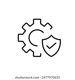 Cogwheel, shield and checkmark. Protected innovation and security engineering. Pixel perfect vector icon