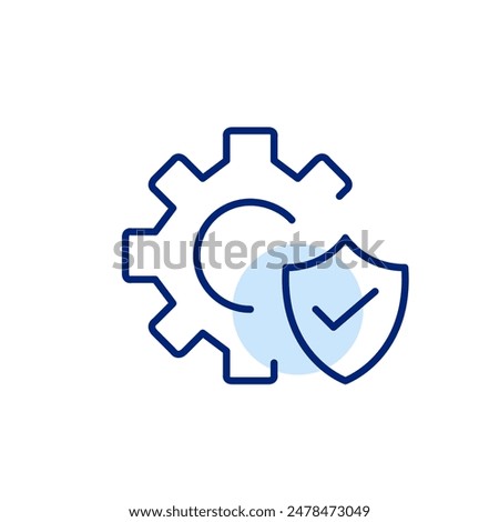 Cogwheel, shield and checkmark. Protected innovation and security engineering. Pixel perfect, editable stroke icon