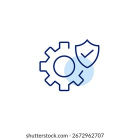 Rueda dentada, escudo y marca de verificación. Configuraciones seguras, configuración comprobada. Icono de Vector de trazo perfecto y editable