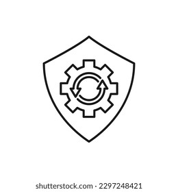 Cogwheel and shield. System upgrade protection line icon isolated on white background. Vector illustration