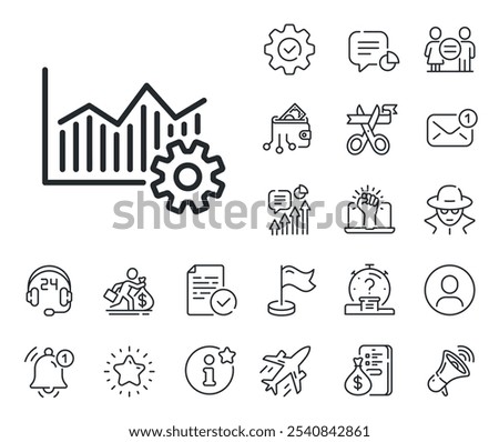 Cogwheel sign. Salaryman, gender equality and alert bell outline icons. Operational excellence line icon. Operational excellence line sign. Spy or profile placeholder icon. Vector