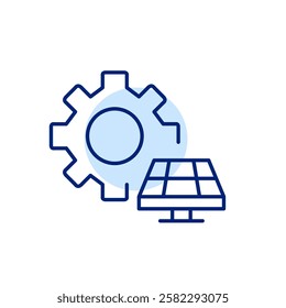 Cogwheel and solar panel. Renewable energy manufacturing. Reducing energy consumption within industrial and mechanical sectors. Pixel perfect, editable stroke icon