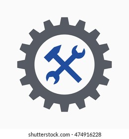 Cogwheel, spanner and hammer, work symbol or repair icon, vector illustration