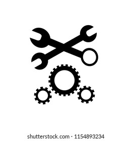 Cogwheel, spanner and wrench icons. Repair tools vector set. Setup and maintenance elements. Flat line design.