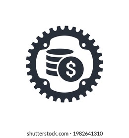 Cogwheel and a stack of dollar coins. Financial modernization. Vector icon isolated on white background.