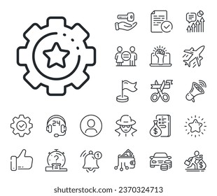 Cogwheel with star sign. Salaryman, gender equality and alert bell outline icons. Settings gear line icon. Working process symbol. Settings gear line sign. Spy or profile placeholder icon. Vector