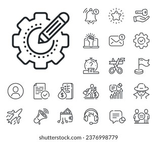 CogWheel con señal de estrella. Salaryman, igualdad de género e iconos de la descripción de timbre. Preferencias icono de la línea de velocidades. Editar el símbolo del proceso de trabajo. Preferencias señal de la línea de velocidades. Vector