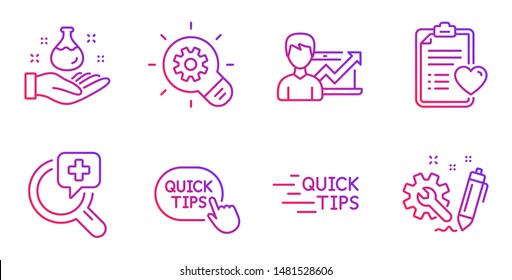 Cogwheel, Success business and Education line icons set. Chemistry lab, Quick tips and Patient history signs. Medical analyzes, Engineering symbols. Idea bulb, Growth chart. Science set. Vector