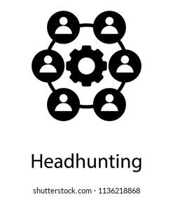 Cogwheel surrounded a big network of humans, attached together, displaying headhunting icon