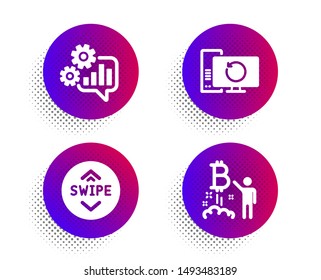 Cogwheel, Swipe up and Recovery computer icons simple set. Halftone dots button. Bitcoin project sign. Engineering tool, Scroll screen, Backup info. Cryptocurrency startup. Technology set. Vector