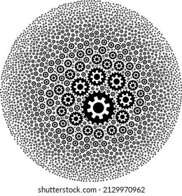Cogwheel symbols are scattered into bubble group. Cogwheel icon round mosaic. Abstract spheric bubble mosaic is done with cogwheel symbols.