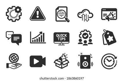 Cogwheel, Teamwork and Time change icons simple set. Loyalty tags, Graph chart and Seo marketing signs. Speakers, Cloud sync and Safe planet symbols. Flat icons set. Vector
