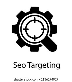 Cogwheel that shows SEO while magnifying glass with gun focus, an seo targeting icon