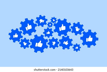 Cogwheel With Thumb Up Symbol, Sign And Pictogram. Metaphor Of Social Media And Networking Site Algorithm. Complicated Working System And Machine. Vector Illustration Isolated On Plain Background