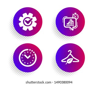 Cogwheel, Time management and Statistics timer icons simple set. Halftone dots button. Slow fashion sign. Engineering tool, Office clock, Growth chart. Eco tested. Science set. Vector