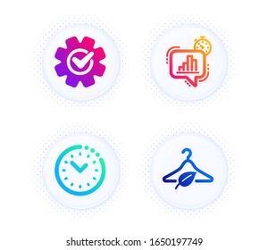 Cogwheel, Time management and Statistics timer icons simple set. Button with halftone dots. Slow fashion sign. Engineering tool, Office clock, Growth chart. Eco tested. Science set. Vector