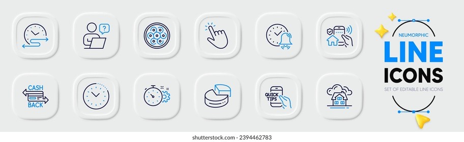 Cogwheel timer, Cursor and Alarm bell line icons for web app. Pack of Online question, Cable section, Building pictogram icons. Education, Pie chart, Time management signs. Cashback card. Vector