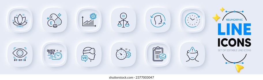Cogwheel timer, Ethics and Medical prescription line icons for web app. Pack of Time change, Mental health, Vitamin e pictogram icons. Artificial intelligence, Augmented reality. Vector