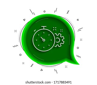 Volante con icono de línea del temporizador. Burbuja de chat con sombra. Signo de herramienta de ingeniería. Símbolo del engranaje de engranaje de cog. Icono del temporizador del rueda cognoscitiva en línea delgada. Vector