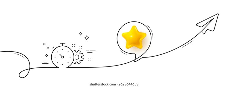 Cogwheel with timer line icon. Continuous line with share plane. Engineering tool sign. Cog gear symbol. 3d star in speech bubble. Cogwheel timer single line ribbon. Loop curve pattern. Vector