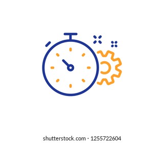 Cogwheel with timer line icon. Engineering tool sign. Cog gear symbol. Colorful outline concept. Blue and orange thin line color Cogwheel timer icon. Vector