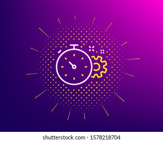 Cogwheel with timer line icon. Halftone pattern. Engineering tool sign. Cog gear symbol. Gradient background. Cogwheel timer line icon. Yellow halftone pattern. Vector