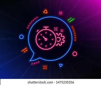 Cogwheel with timer line icon. Neon laser lights. Engineering tool sign. Cog gear symbol. Glow laser speech bubble. Neon lights chat bubble. Banner badge with cogwheel timer icon. Vector