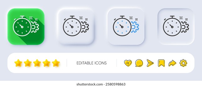 Cogwheel with timer line icon. Neumorphic, Flat shadow, 3d buttons. Engineering tool sign. Cog gear symbol. Line cogwheel timer icon. Social media icons. Vector