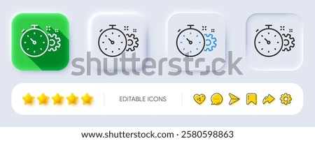 Cogwheel with timer line icon. Neumorphic, Flat shadow, 3d buttons. Engineering tool sign. Cog gear symbol. Line cogwheel timer icon. Social media icons. Vector