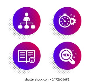 Cogwheel timer, Management and Technical info icons simple set. Halftone dots button. New products sign. Engineering tool, Agent, Documentation. Search. Technology set. Vector