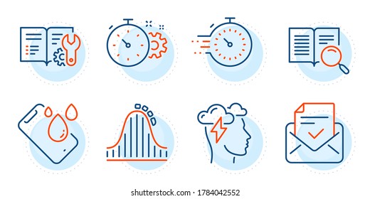 Cogwheel timer, Mindfulness stress and Approved mail signs. Timer, Smartphone waterproof and Roller coaster line icons set. Engineering documentation, Search text symbols. Outline icons set. Vector