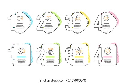 Cogwheel Timer, Plants Watering And Consolidation Icons Simple Set. Update Relationships Sign. Engineering Tool, Water Drop, Strategy. Refresh Love. Infographic Timeline. Line Cogwheel Timer Icon