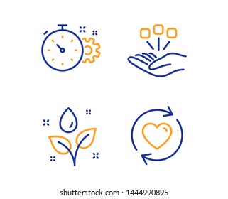 Cogwheel Timer, Plants Watering And Consolidation Icons Simple Set. Update Relationships Sign. Engineering Tool, Water Drop, Strategy. Refresh Love. Linear Cogwheel Timer Icon. Colorful Design Set