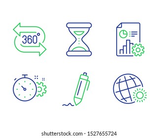 Cogwheel timer, Report and Time line icons set. 360 degree, Signature and World weather signs. Engineering tool, Presentation document, Clock. Virtual reality. Science set. Vector