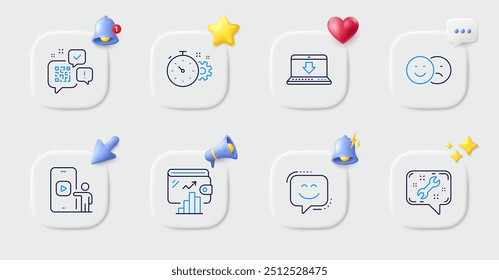 Zahnrad-Timer, Brieftasche und Telefon Videozeilen-Symbole. Tasten mit 3D-Glocke, Chat-Sprache, Cursor. Pack von Lächeln Gesicht, wie, Spanner-Symbol. Internet-Download, Qr-Code-Piktogramm. Vektorgrafik