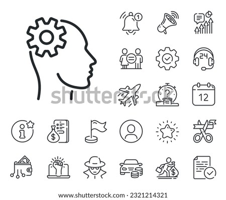 Cogwheel tool sign. Salaryman, gender equality and alert bell outline icons. Engineering line icon. Man think symbol. Engineering line sign. Spy or profile placeholder icon. Vector